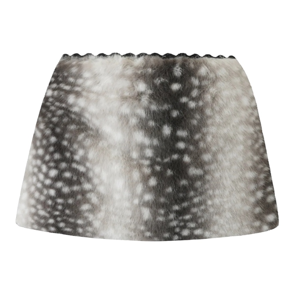 Black and Gray Deer Print Mid-Rise Faux Fur Mini Skirt